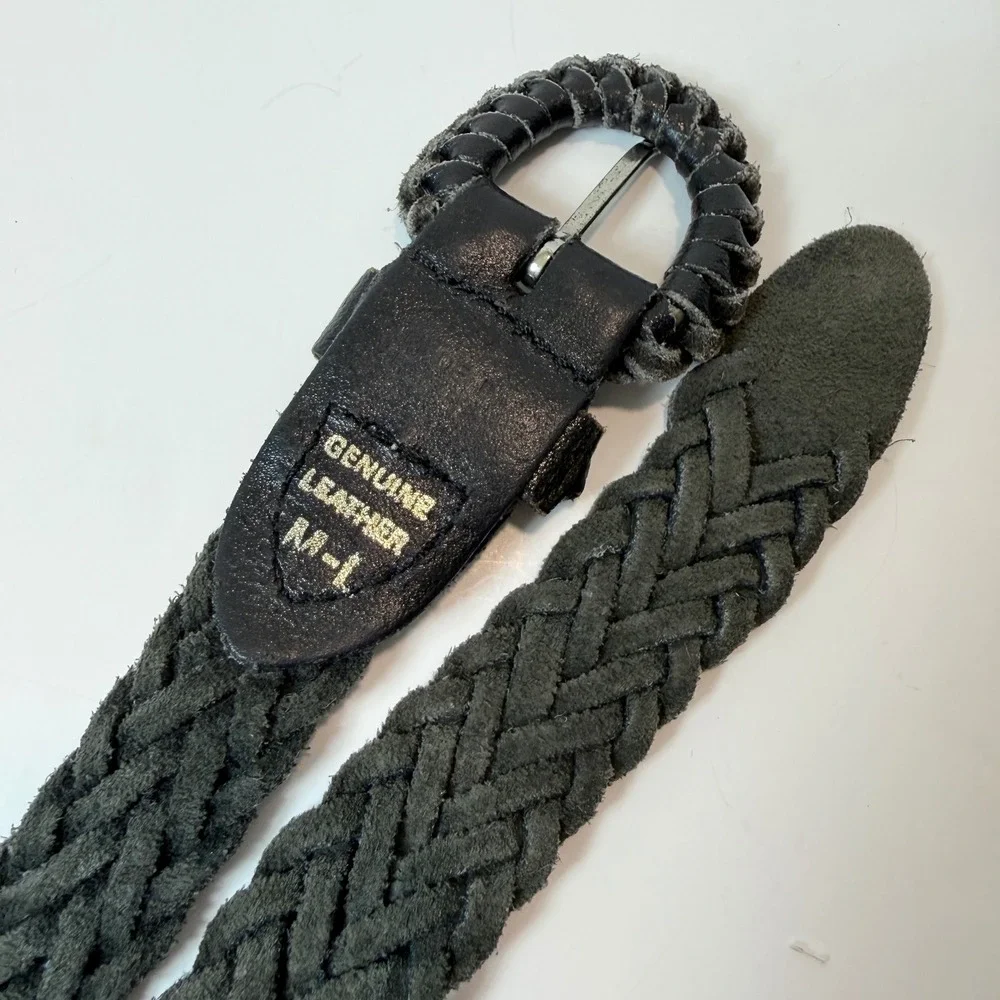 Black Genuine Leather Woven Braided Skinny Belt Size M/L Up to 40